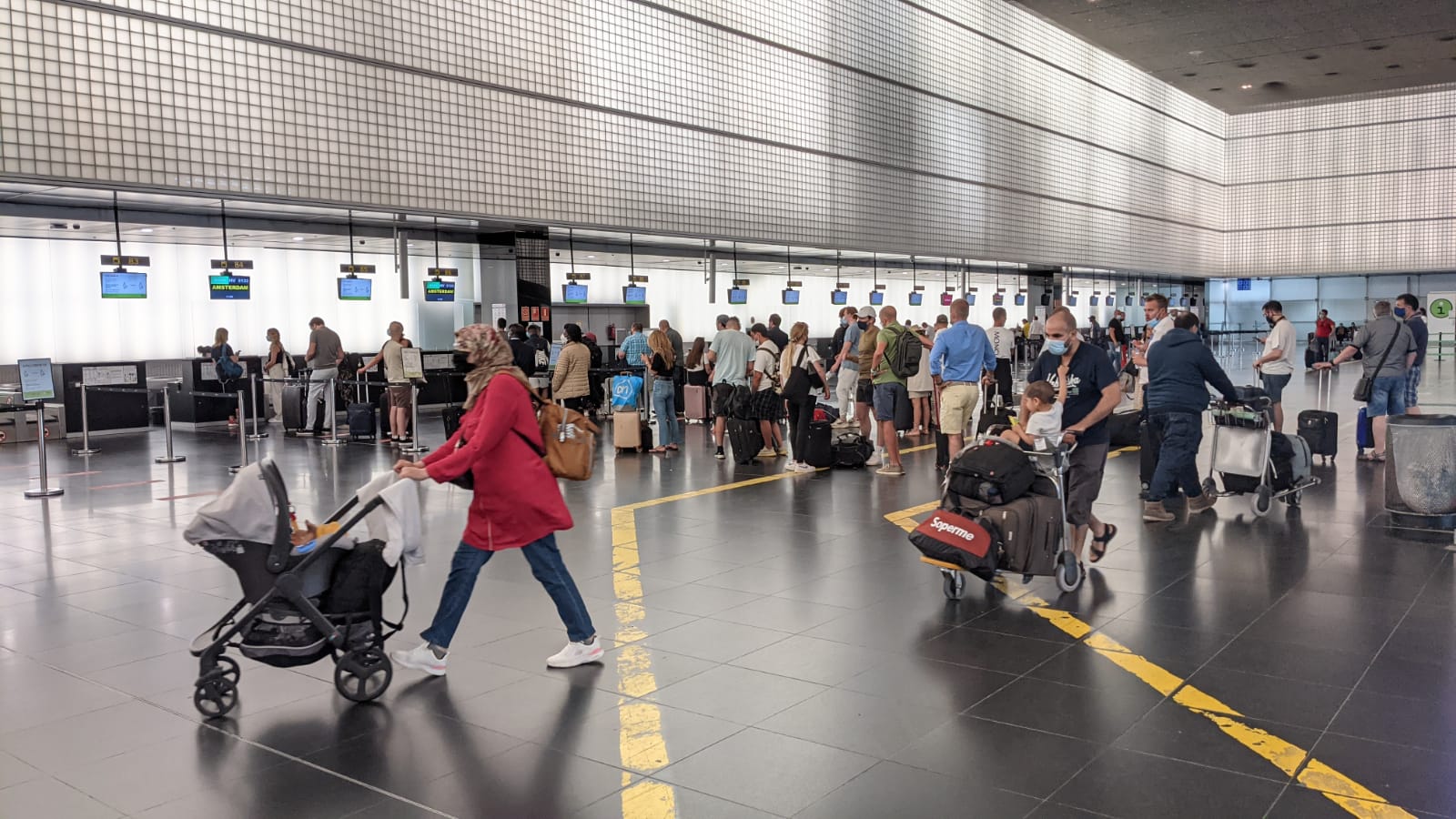 Passengers in Barcelona's T2 airport on its first day of reopening in June 2021 (by Cillian Shields)